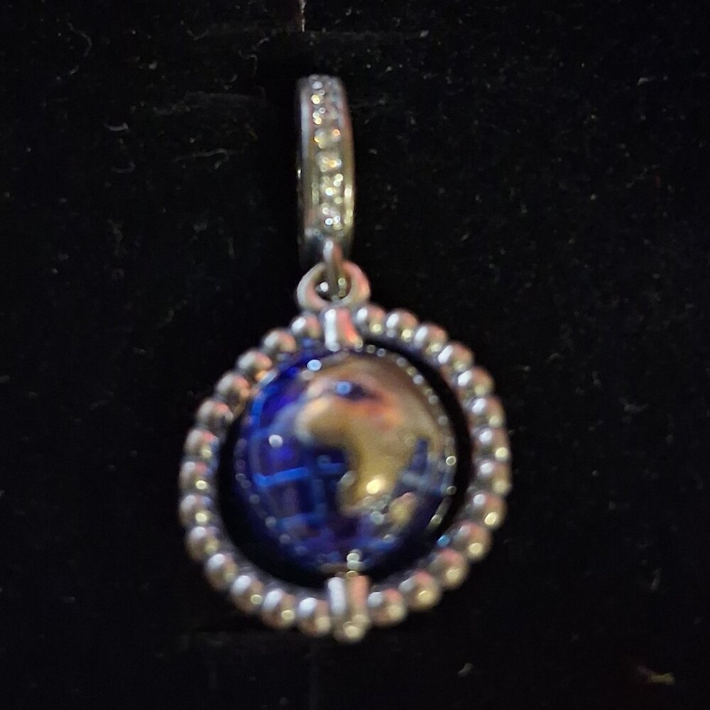 Pandora Sterling Silver Globe Dangle Charm – Blue Enamel & Clear CZ